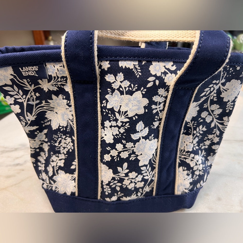 Lands’ End Mini Canvas Tote Bag White and Navy Blue Floral with Zip Close